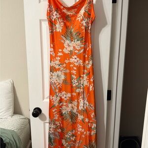 Satin Floral Orange Maxi Dress
